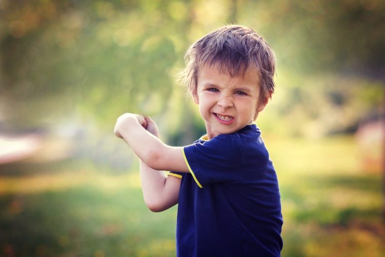 Angry little boy, holding sword, glaring with a mad face at the camera, outdoors in the park
